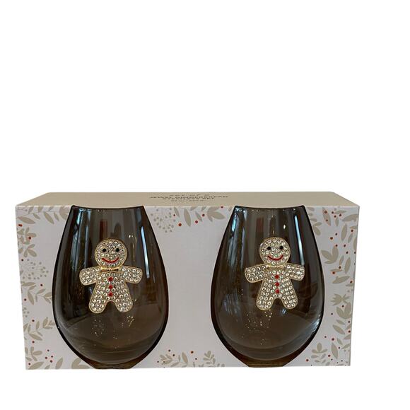 Christmas Jeweled Gingerbread Stemless Wine Glasses Chic Holiday Barware New